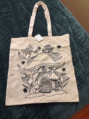 Canvas Mushroom House Tote Bag - Natural with Black Print